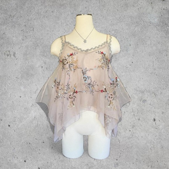 Anthropologie ‘Let Me Be Embellished’ Hanky Hem Floral Lace Sequins Blouse- S/M - Picture 1 of 8